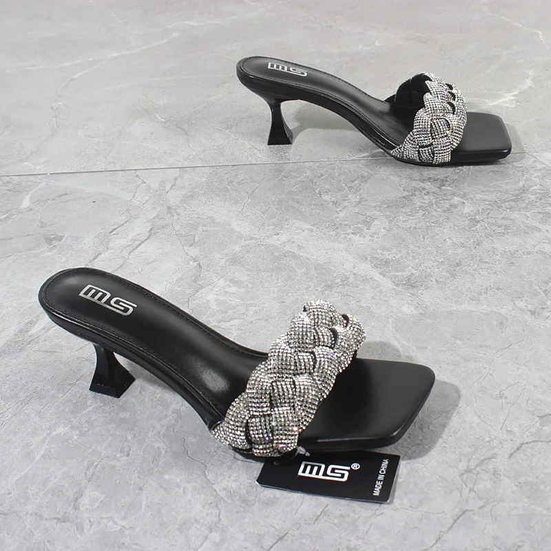 Women's Slippers 2024 Summer New Handmade Crystal Braided High Heels Sexy Stiletto Outside Fashion Women's Sandals 7CM