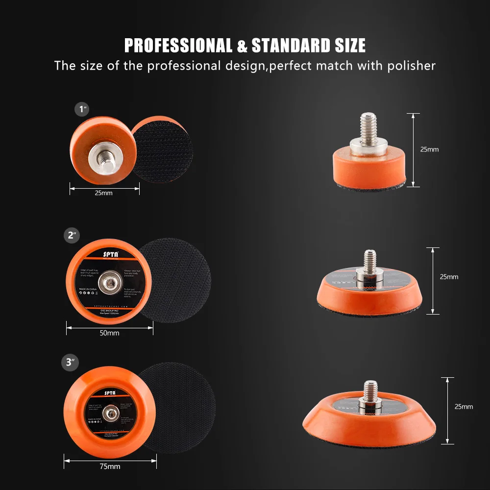 (Single Sale) SPTA 1/2/3 Inch M6 5/16"-24 Thread Soft Edge Backing Plated Pad Hook Loop for Orbital RO Power Tools Drill