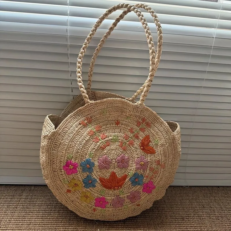 Fashion Lafite Lemon Pattern Straw Women Handbags Round Woven Hand Bags Handmade Summer Beach Bag Large Tote Purses