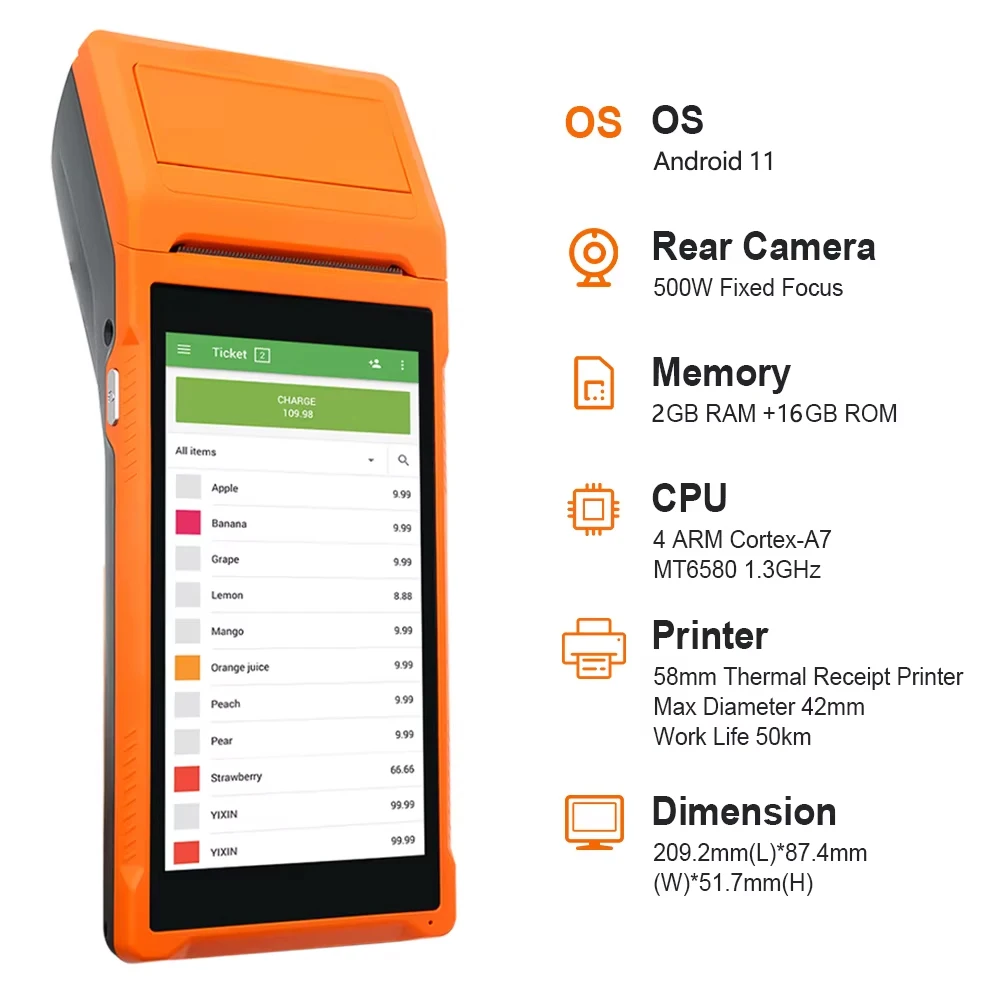 휴대용 PDA 안드로이드 11 단말기 POS 58mm 모바일 영수증 열전사 프린터 5.5''HD+ 지원 WiFi 1D/2D 스캐닝 POS 시스템
