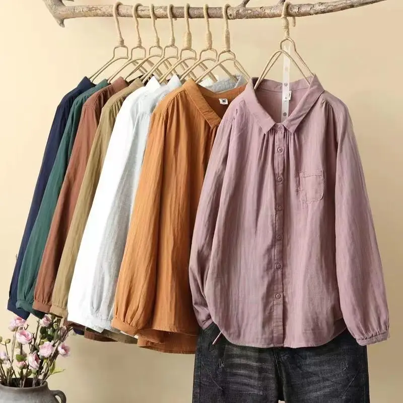 

Women Shirts Cotton and Linen Long-sleeved T-Shirts Women's Short Cardigan Casual Inside A Loose Top Pocket Lapel Women Tops