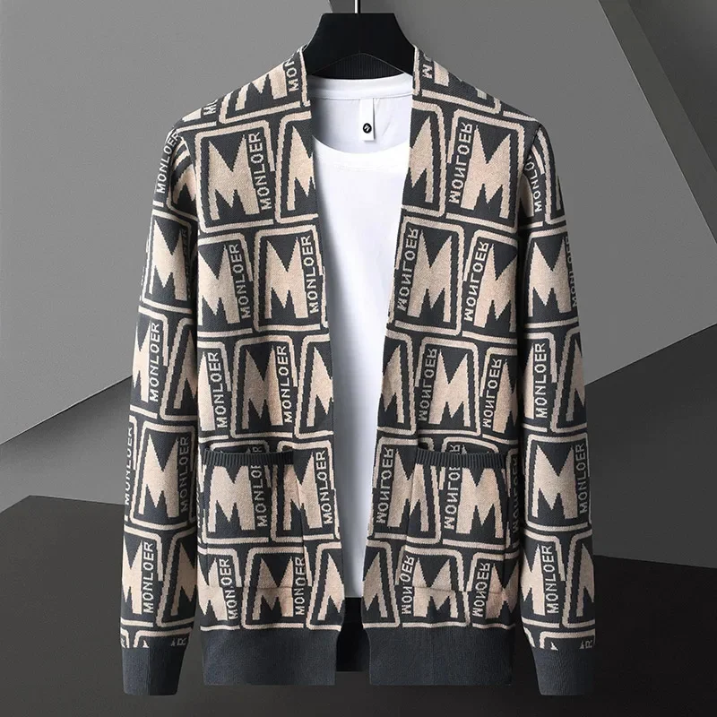 

Весенне-осенний мужской контрастный вязаный кардиган, модный брендовый корейский Изысканный жаккардовый свитер-шаль для отдыха, высококачественное пальто