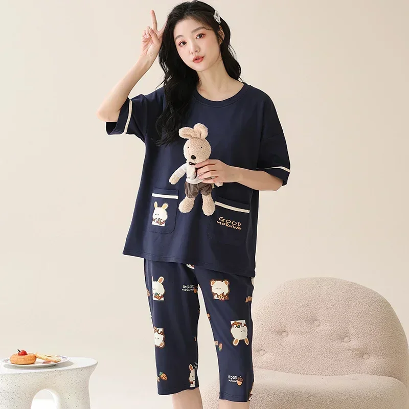 SUKAE Lady Pajamas Set M-5XL Big Size Calf-length O-Neck Sleepwear Women Cotton Vintage Comfortable Casual Pijamas Woman women pajamas set women pajama suit cotton pajamas set