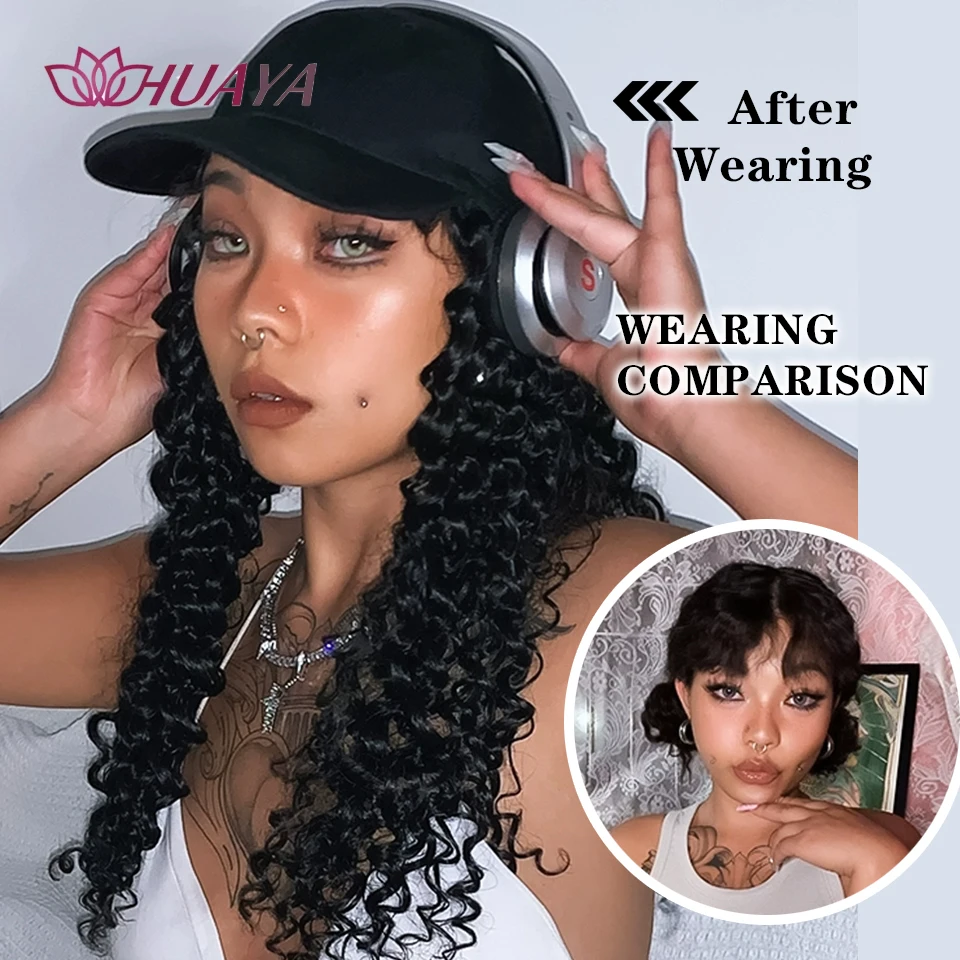 Synthetic Long Kinky Curly Wigs Baseball Cap with 16in Hair Extensions  Hat Adjustable One-piece Wigs for Women