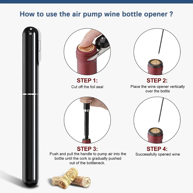 Safety Air Pump Red Wine Bottle Opener with Foil Cutter Air Pressure Corkscrew Popper Stainless Steel Pin Wine Cork Remover