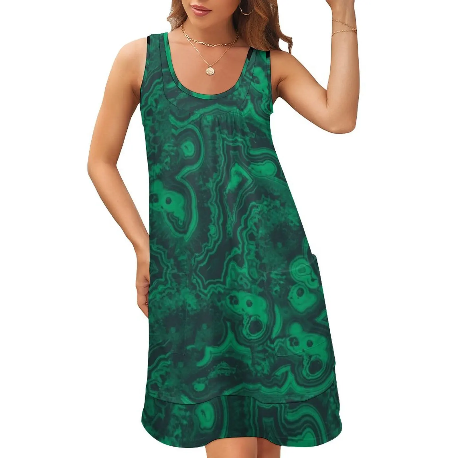 

Malachite Print Sleeveless U-Neck Fake Two Piece Dress Women's dress women clothes Woman clothes