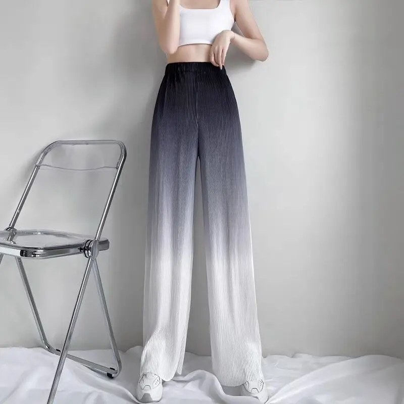 Gradient Color Ice Silk Long Pants Women Lady Casual Ulzzang Inc Chic Trousers Pleated Elastic High Waist Summer Thin Pants