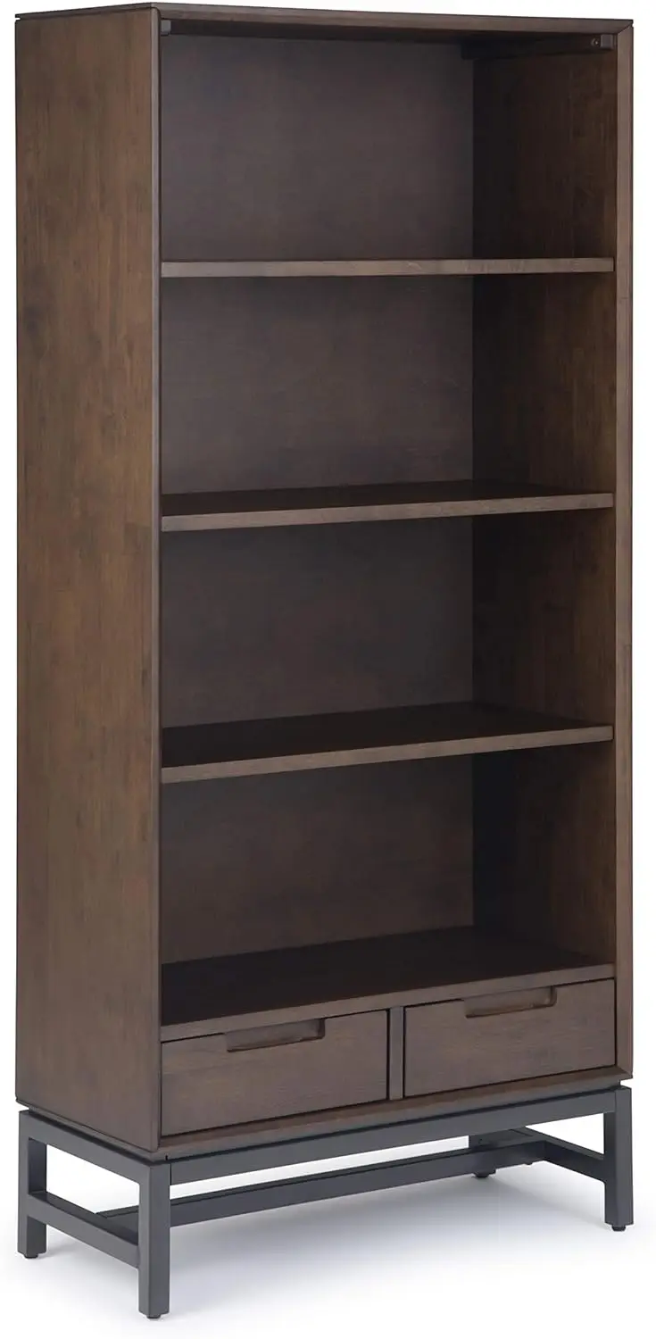

SIMPLIHOME Banting SOLID HARDWOOD and Metal 30 Inch Rectangle Industrial Bookcase in Walnut Brown, For the Living Room,