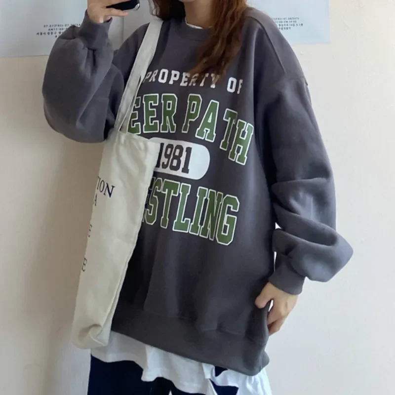 

Women Winter Autumn Casual Loose Vintage Sweat Shirt Tops Female Sweatshirts Ladies Fashion Warmth False Two-piece Clothing
