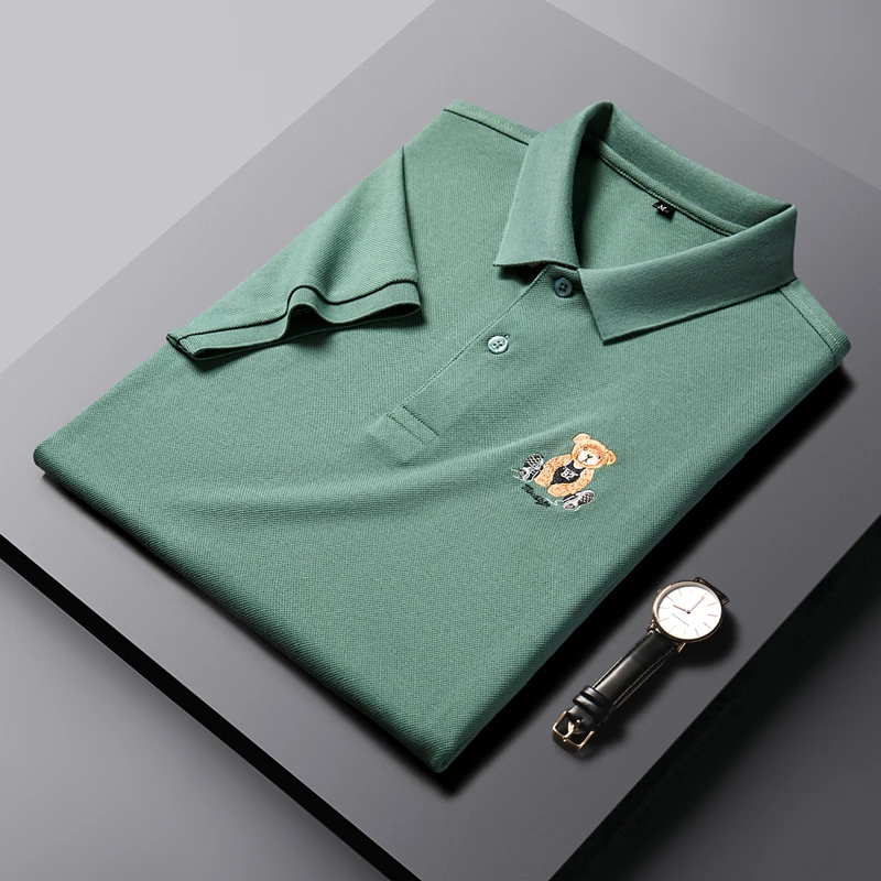 

Роскошная летняя футболка из 100% хлопка с короткими рукавами, мужская рубашка-поло с отложным воротником и вышивкой маленького медведя, модная мужская одежда с короткими рукавами