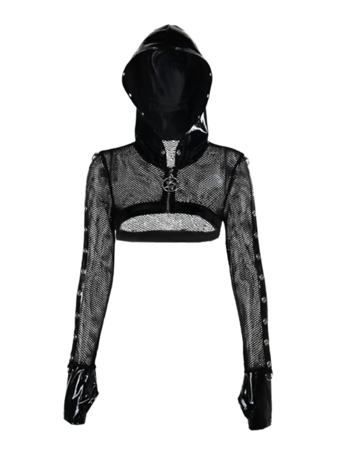 Gothic PU Leather Patchwork Hoodie For Women Punk Y2k Subcultural Punk Wearing Short Jacket Abby Motorcycle Top
