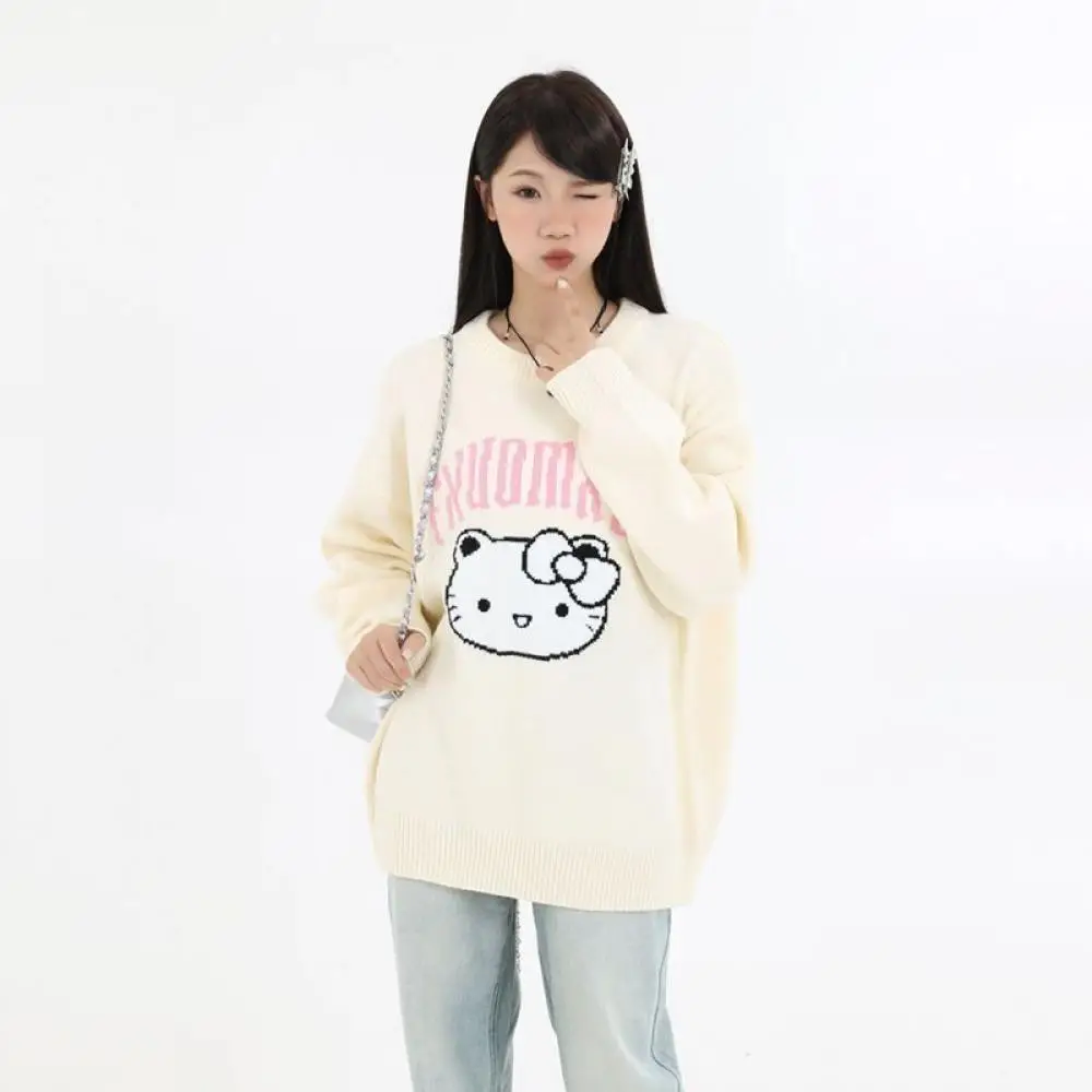 

Anime Sanrio Hello Kitty Autumn Winter Warm Sweater Women's Casual Loose Round Neck Pullovers Girly Preppy Look Long Sleeve Top