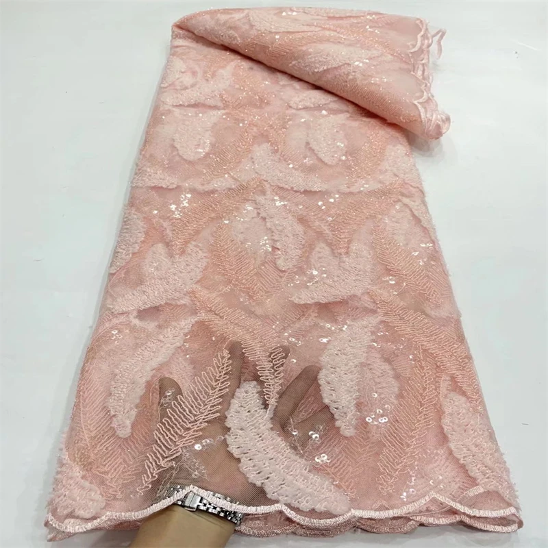 

SJ Lace Latest Nigerian Lace Fabrics Peach Women African Tull Lace Luxury Handmade Groom sequins Fabrics For Wedding d12-24