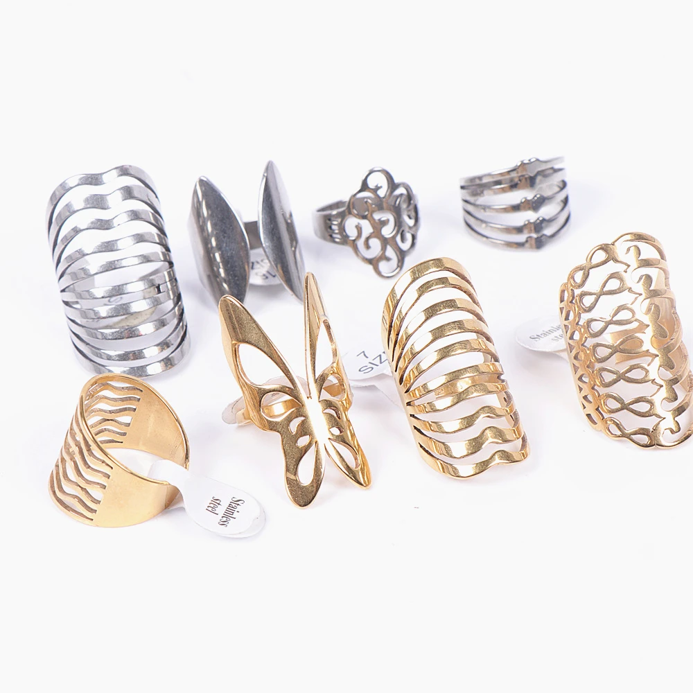 50 Pcs/Lot Fashion Hollow Out Stainless Steel Rings For Women Men Mix Style  Flower Heart Crown Jewelry Party Gifts