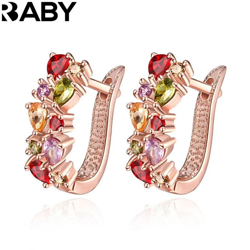 

URBABY 925 Sterling Silver Rose Gold Multicolored Zircon Earrings For Women Wedding Engagement Party Jewelry Gifts