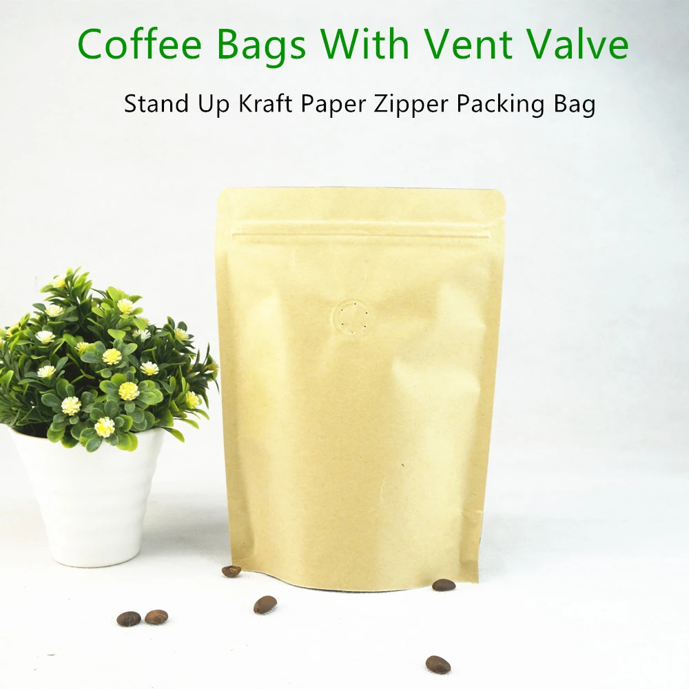 Coffee Valve Bag 20pcs Brown Standing Kraft Aluminizing Bags With Vent