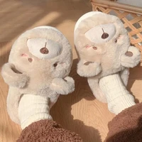 Cute Bear Single Band Winter New Women Slipper Soft Heel Platform Fur Warm Indoor Comfortable Home Fluffy Home Slippers 1
