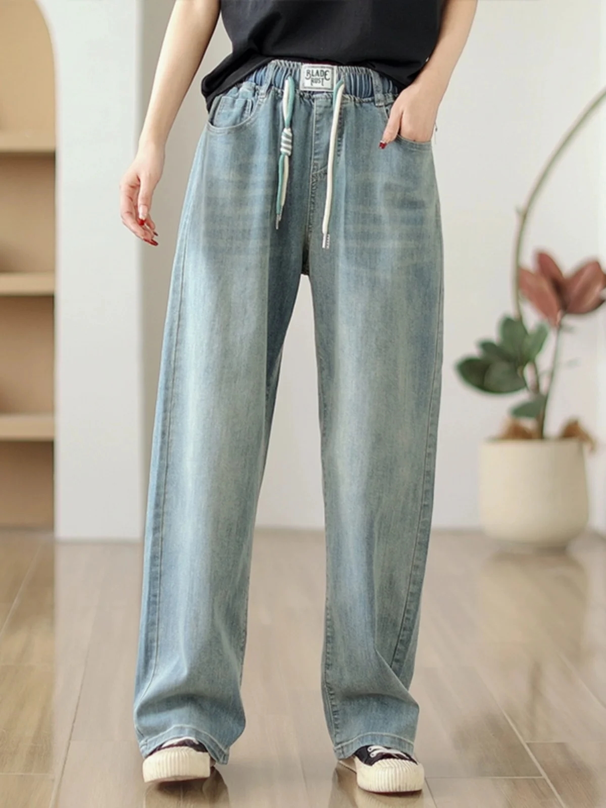 8039 Elastic High Waist Casual Loose Jeans For Women Spring Autumn Straight Drawstring Blue Wide Leg Denim Pants Female Trousers 2