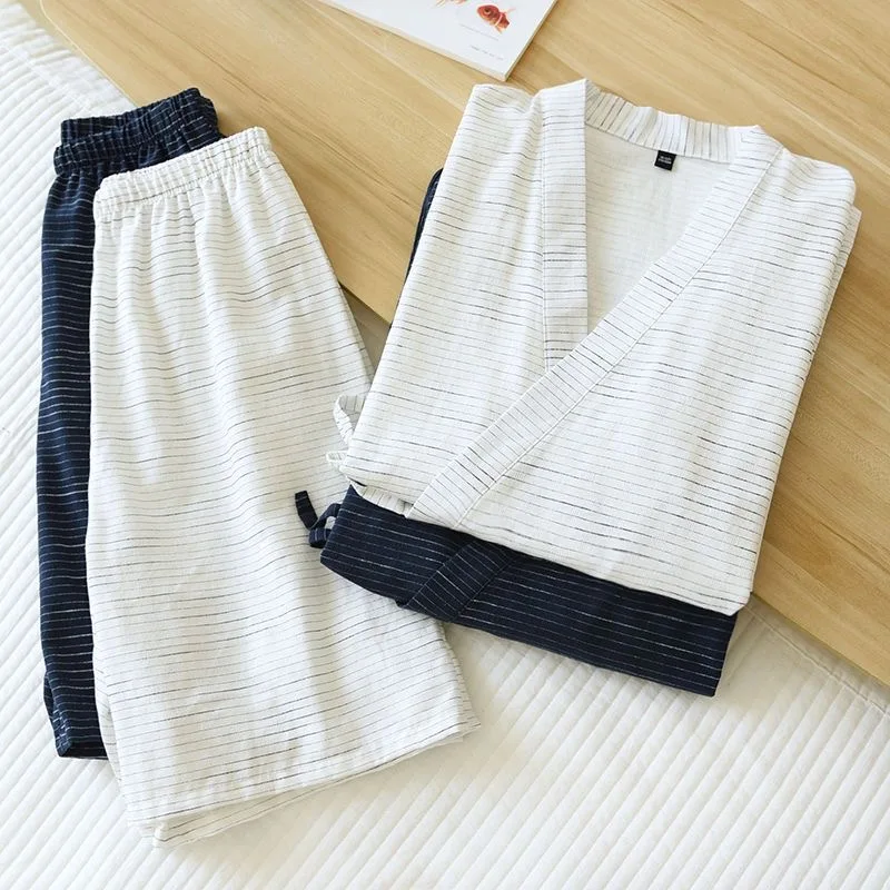 100% Cotton Summer Men Pajamas Japanese Kimono 2 Piece Set Nightwear Simple Sleepwear Suit Pijama Loungewear pajama sets