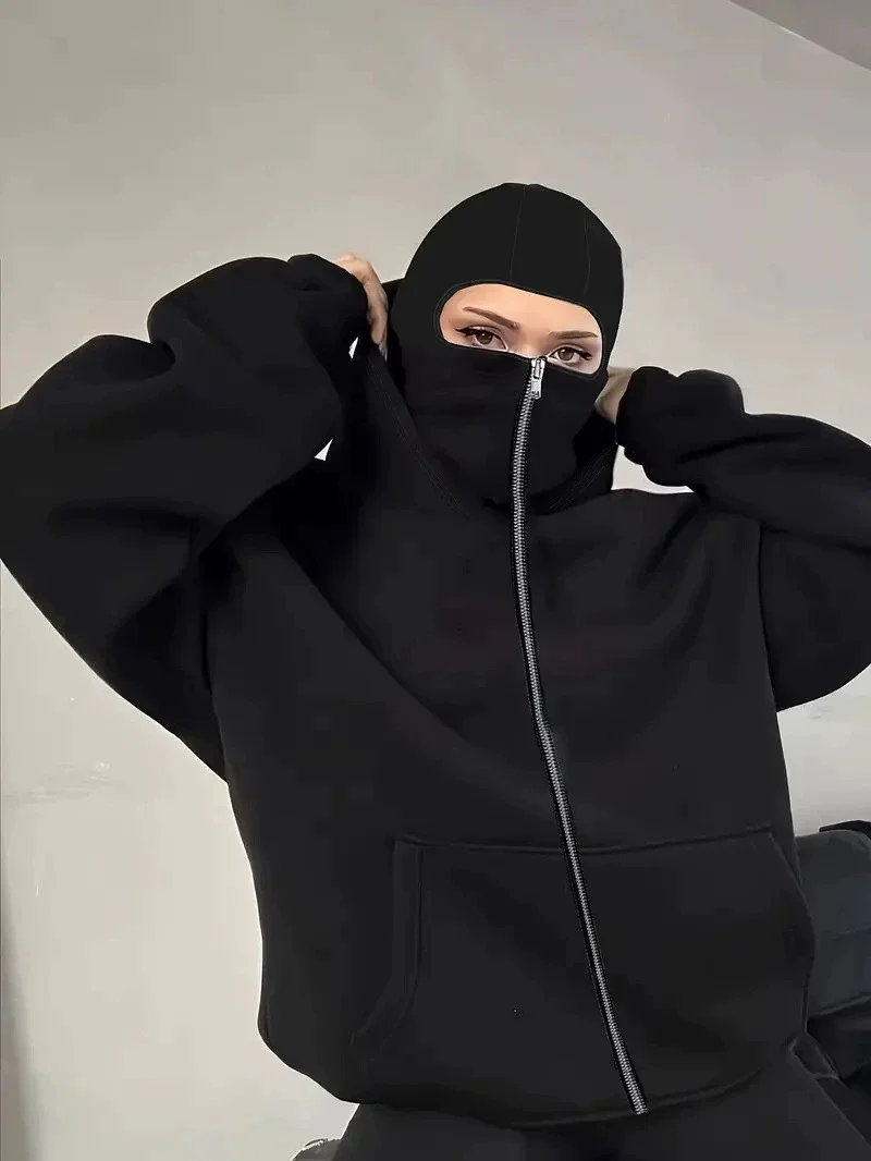 가을 겨울 여성 후드티 트레이닝 스웨트셔츠 이중 후드 스웨트셔츠 마스크 후드 지퍼 가디건 스포츠웨어 따뜻한 여성 코트