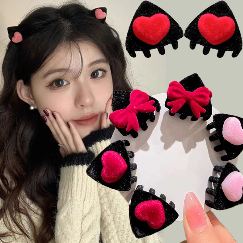 

2-6pcs Mini Velvet Heart Bows Hairpins Women Sweet Girls Red Black Triangle Hairclips Claw Cat Ears Headwears Barrettes
