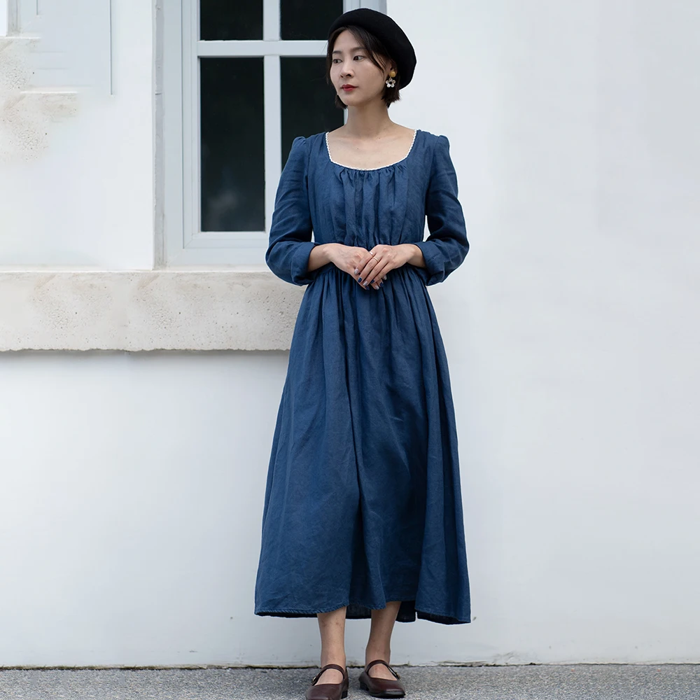 Vinage Manor Linen Square Neck Cosplay Robe Tea Length Custom Made Long Sleeves European Retro Victorian Photography Dress beautiful prom dresses