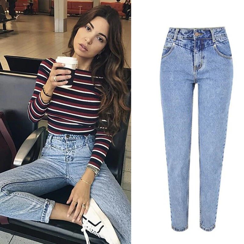 LOGAMI pantalones vaqueros de cintura alta para mujer, Vaqueros informales rectos, color azul claro, a la novedad|Pantalones vaqueros| - AliExpress