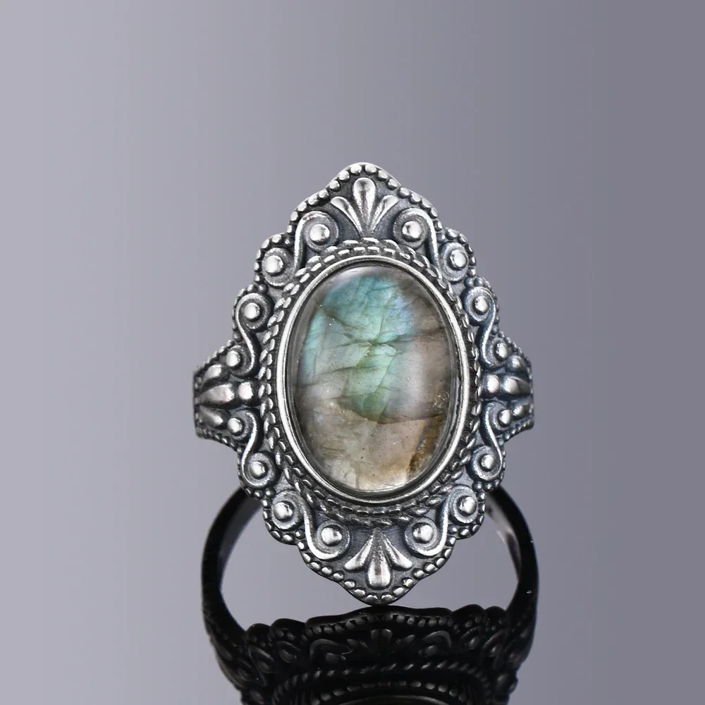 925 Sterling Silver Oval Natural Labradorite Rings Finger Ring Retro Big Stone Rings Fine Jewelry Gift For Women Men silver rings,silver ring