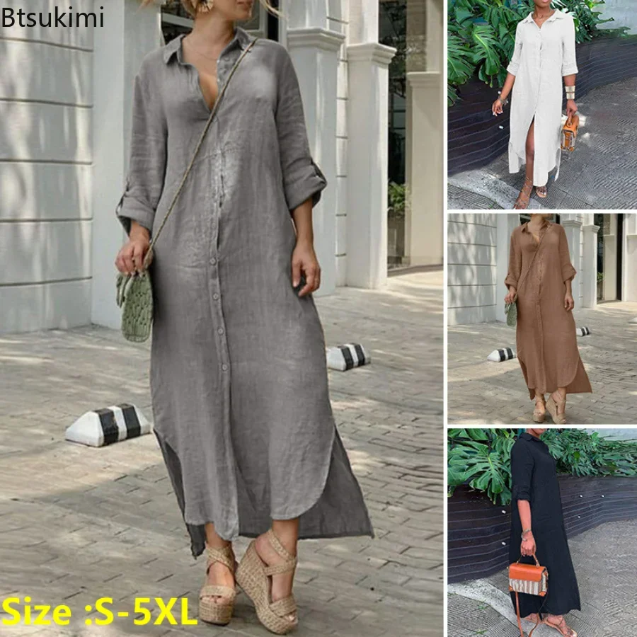 

Plus Size 4XL 5XL Women's Casual Cotton Linen Dress with Long Sleeve Solid Split Button Up Long Shirt Dress Female Robe Vestidos