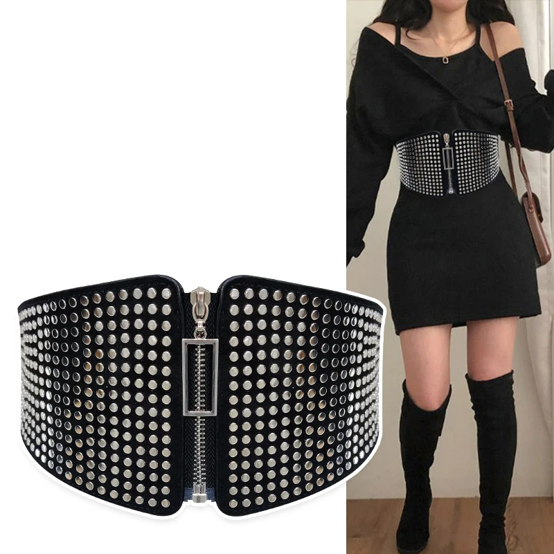 

Punk Rivet Inlay Wide Elastic Corset Belt Female Waist Goth Plus Size Stretch Cummerbunds Big Designer Belts For Women Waistband