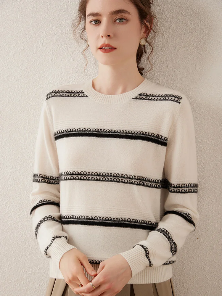 Women O-neck Striped Thin Cashmere Pullover Sweater 100% Cashmere Knitwear Casual Basic Simple Style Female Clothes For Spring