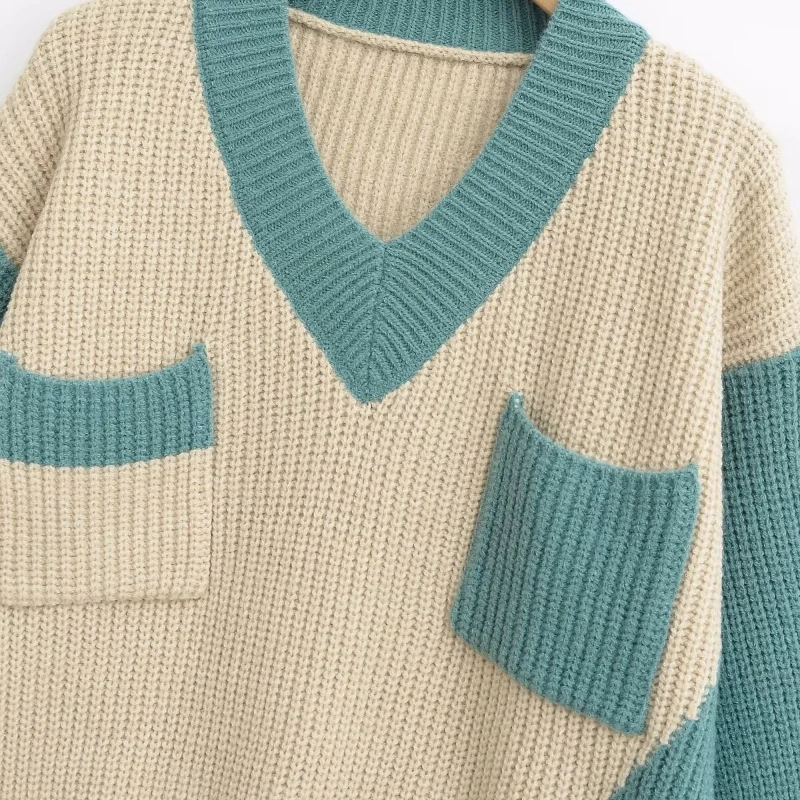 Autumn Fashion New Long-sleeved Women's V-neck Splicing Sweater Knitted Loose Women's Lace-up Office Pullovers Shirt