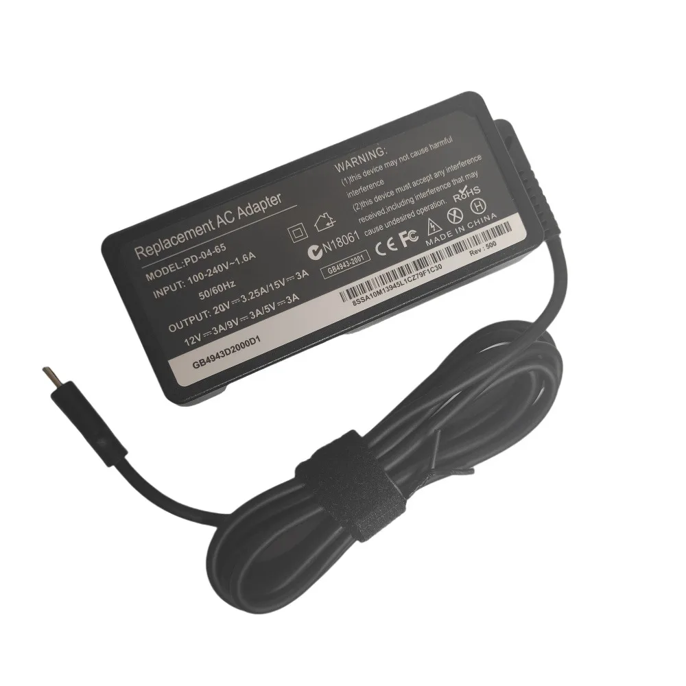 Laptop charger 20v3.25a 65w Type-c Power Adapter Laptop Charger for Lenovo Thinkpad X1 Carbon X270 X280 T580 P51s P52s E480 E470 S2