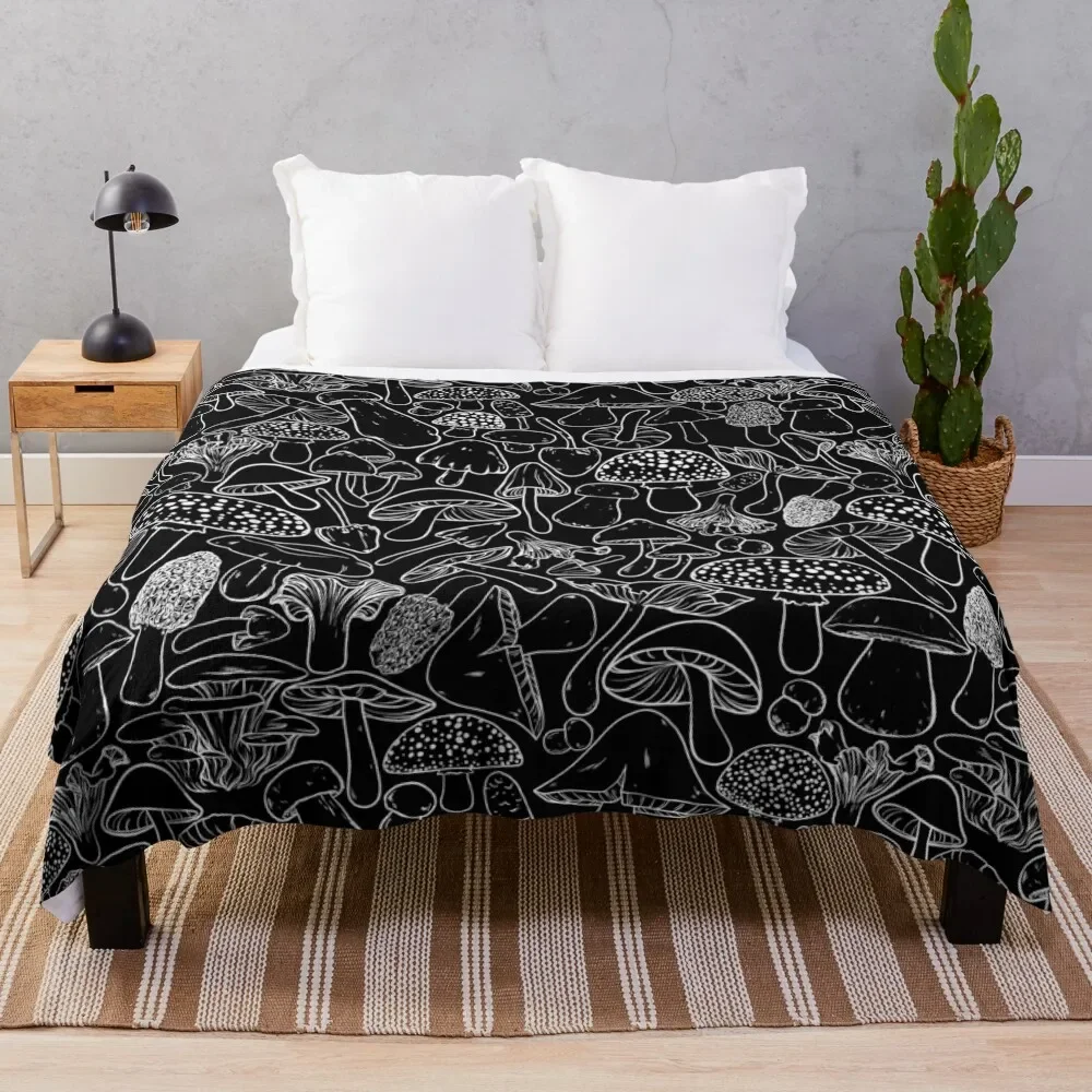 

All The Mushrooms on Black Throw Blanket Fluffy Softs Hairys valentine gift ideas Blankets