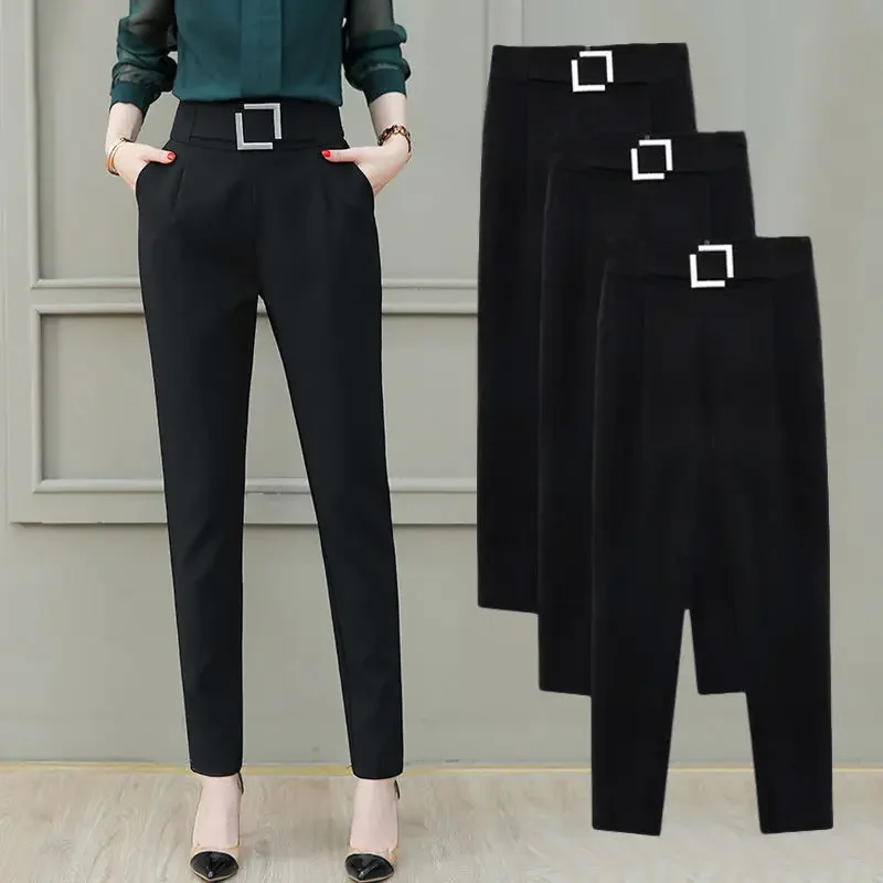 Black Suit Pants Woman High Waist Pants Sashes Pockets Office