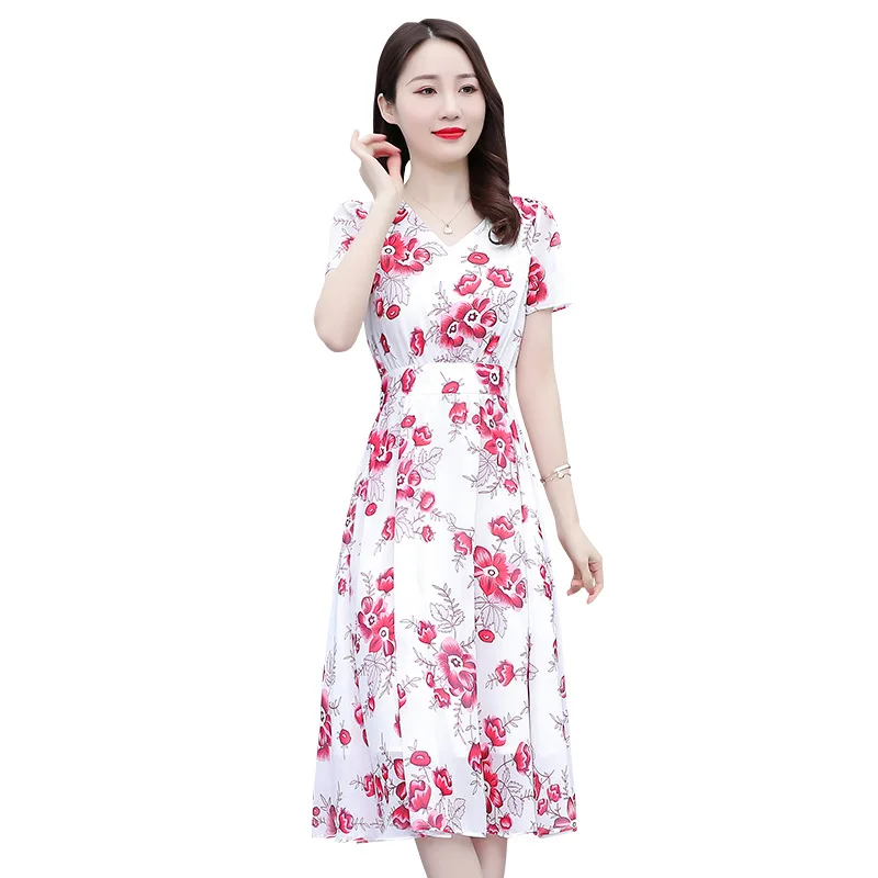 

Women's new summer high-end silk mulberry silk dress mid-length short-sleeved printed skirt