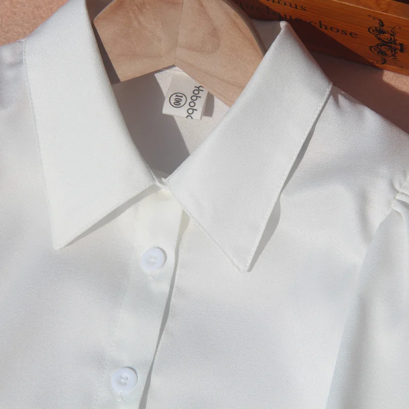 Korean Toddler Girl Puff Sleeve Top Chiffon Summer Children Nine Point Sleeves White Blouses Turn-down Collar Teen School Shirts