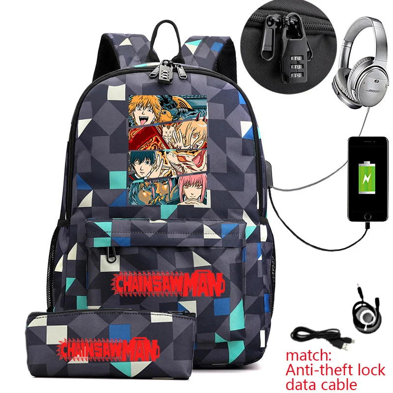 Chainsaw Man Anime Print Student Anti-Theft Backpack Casual Daypack with Pencil Case for Kids Teens School Bag 1