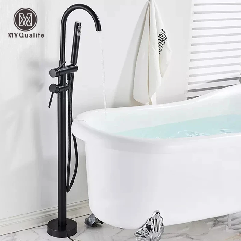 ก๊อกน้ําอ่างอาบน้ํา Chrome แบบตั้งพื้น Clawfoot ก๊อกผสมอ่างอาบน้ําแบบยืนฟรีพร้อมฝักบัวสายอ่อนก๊อกน้ําอ่างอาบน้ําแบบก้านเดียว 1