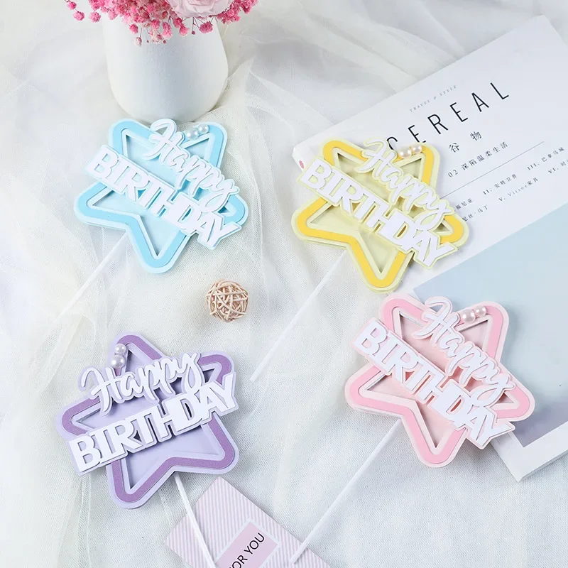 

Star Cake Topper Happy Birthday Boy or Girl Kids Baby Shower Personality Macarons Colored Princess Cupcake Toppers Decoration