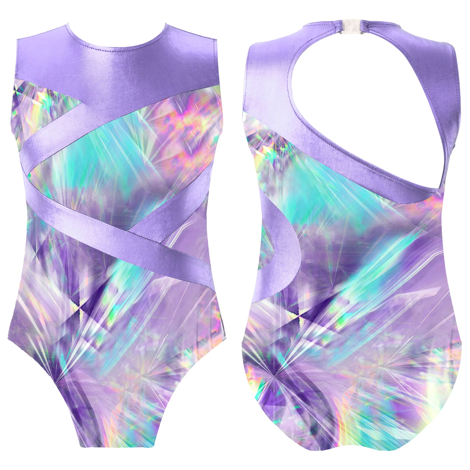 thumbnail image 1 of Traje de baño para niñas con estampado de gimnasia rítmica, patinaje, ballet, leotardo metálico, cuello redondo, mono calado, 1 of 5