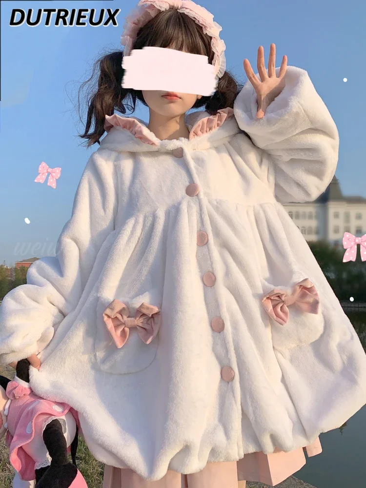 

Original Design Lolita Hooded Rabbit Ears Cute Coat Winter Soft Girl Student JK Single-Breasted Long Cotton-Padded Fur Jacket