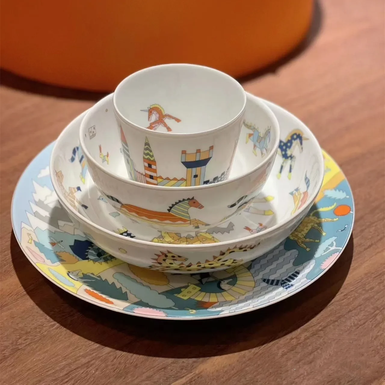 

New European Bone China Children's Tableware Set Household Ceramic Cartoon Plate Bowl Four-Piece Wedding Gift Gift Box