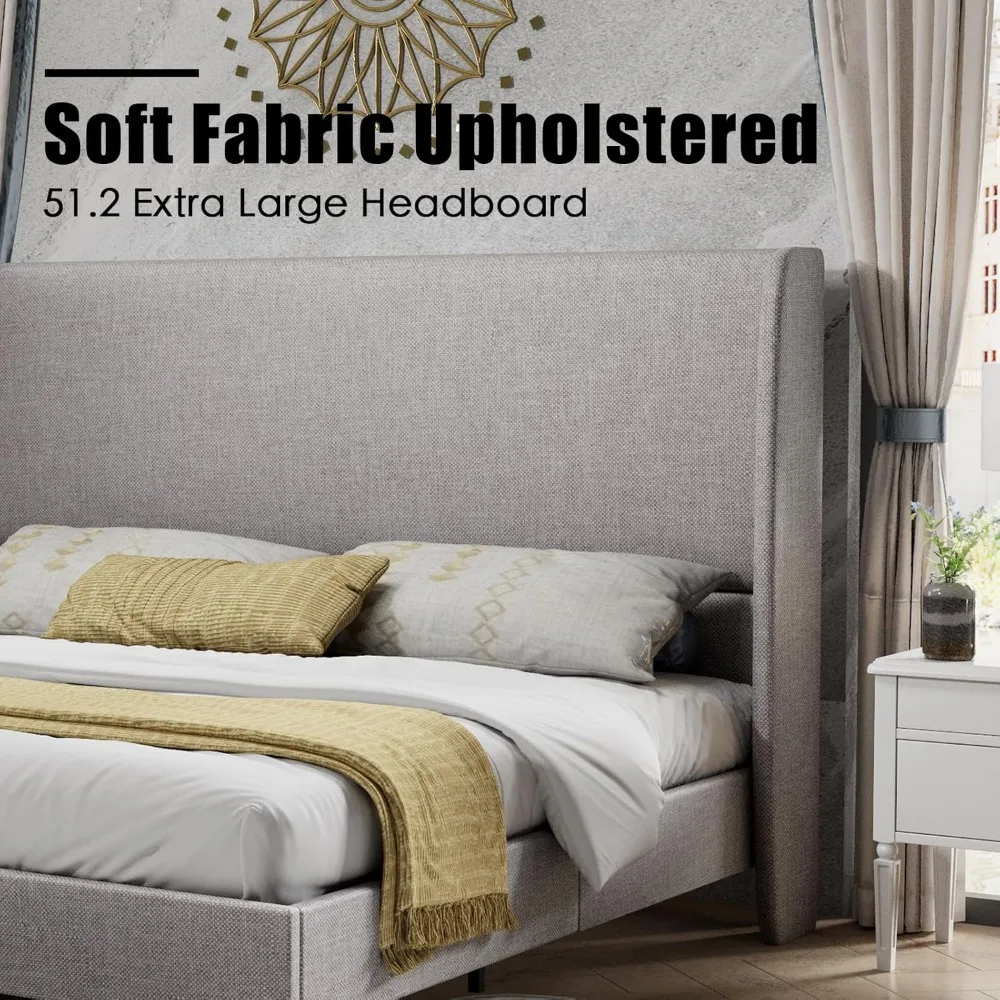 Full Platform Bed Frame 51.2" High Headboard Tall Upholstered Beds/No Box Spring Required/Wood Slat Support, Full Bed Frame 3