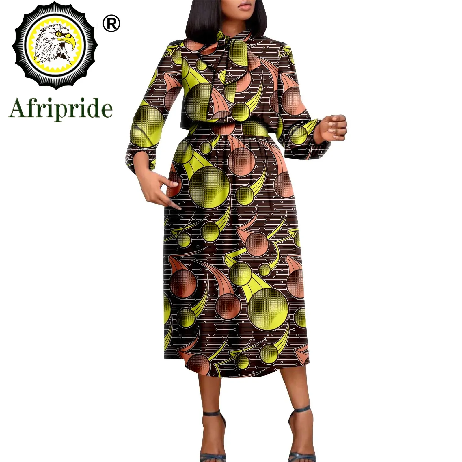 African Print Dresses for Women Short Sleeve High Waist Elegant Bandage Spit Joint Half A Turtleneck Dresses Wax Attire A2225023