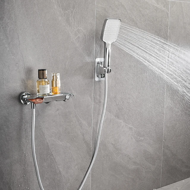 ก๊อกน้ำฝักบัวติดผนังห้องน้ำ สีโครเมียม/สีเทา แบบก้านโยกเดี่ยว ผสมน้ำร้อนน้ำเย็น พร้อมฝักบัวมือ 5