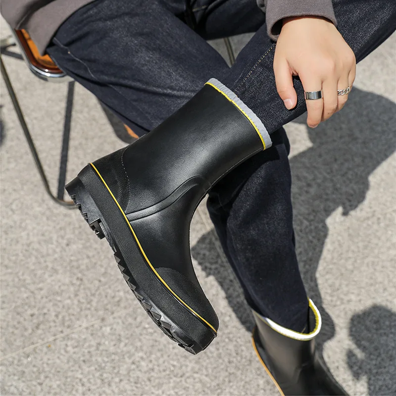 

2023 Men Rubber Rainboots Anti- Skid Waterproof Fishing Shoes With Plush Warm Male Casual Mid-Calf Work Boot Plus Size 40-45