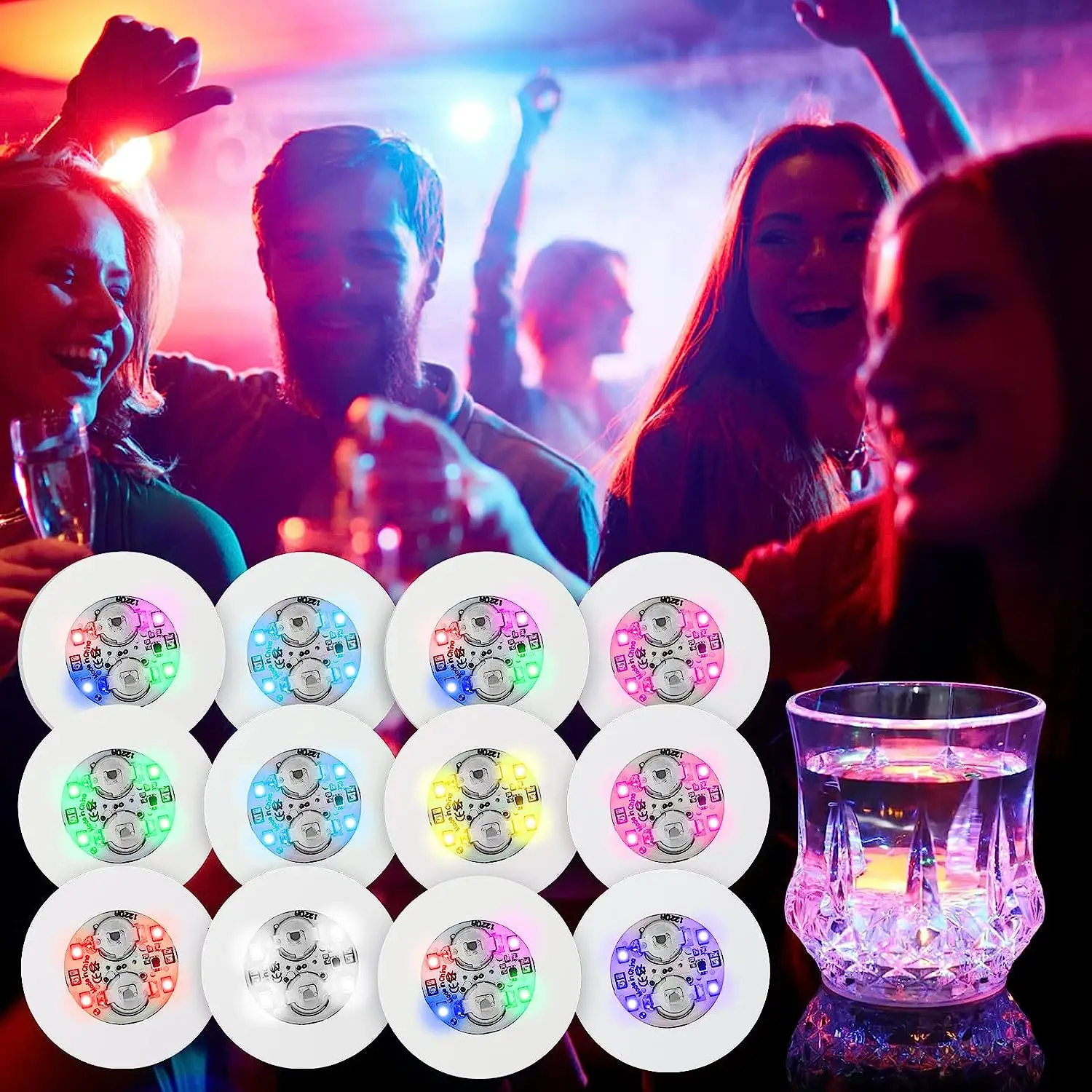Sottobicchieri LED Luminescenti Colorati Per Festa – Si Accendono Con Il Bicchiere – Regalo Originale Per Bar E Matrimoni (Bianco/Luce RGB)