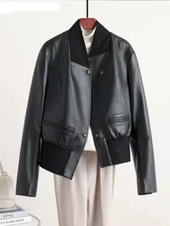 Genuine Leather Jacket Women Female Office Lady Motorcycle Short Thin Coat Mujer Asymmetric Sheepskin Veste Ropa Spring 2022