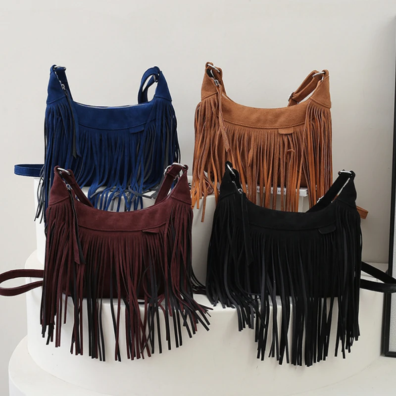 

Women PU Fringed Leather Shoulder Bag Soft Ethnic Style Messenger Crossbody Bag Zipper Large Retro Fringed Handbag Totes Bag